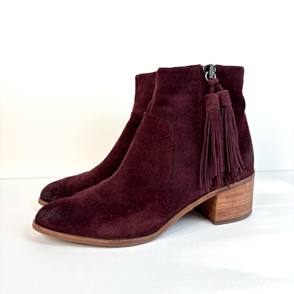Anthropologie Miss Albright‎ Amarie Tassel Boho Western Booties Wine Maroon 8.5